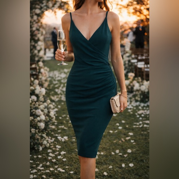 Dress the Population Dresses & Skirts - Dress the Population Lyla Midi Sheath Dress Pine Ruched V-Neck NWT M Cocktail